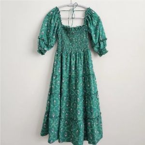 Hill House Home Women’s Nesli Nap Dress Emerald Trellis Green Floral Midi XS